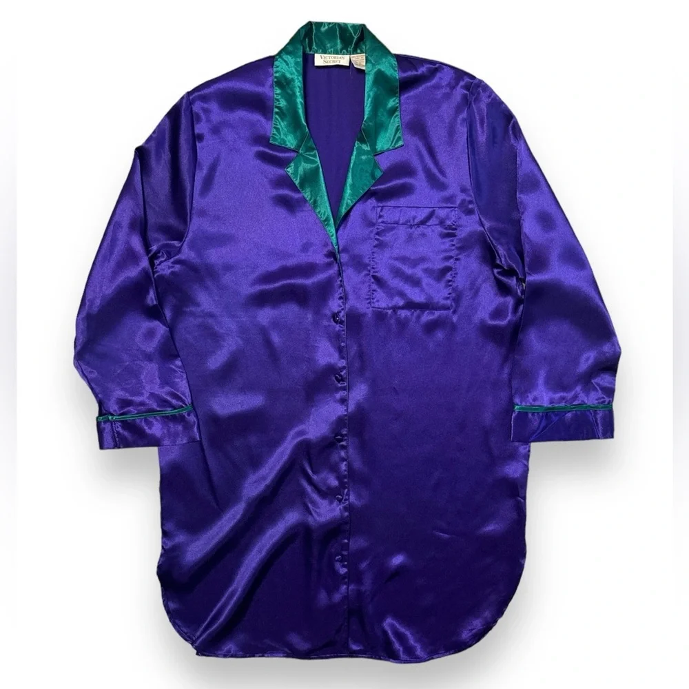 VICTORIA’S SECRET Green & Purple Gold Label Oversized Satin Button Down …